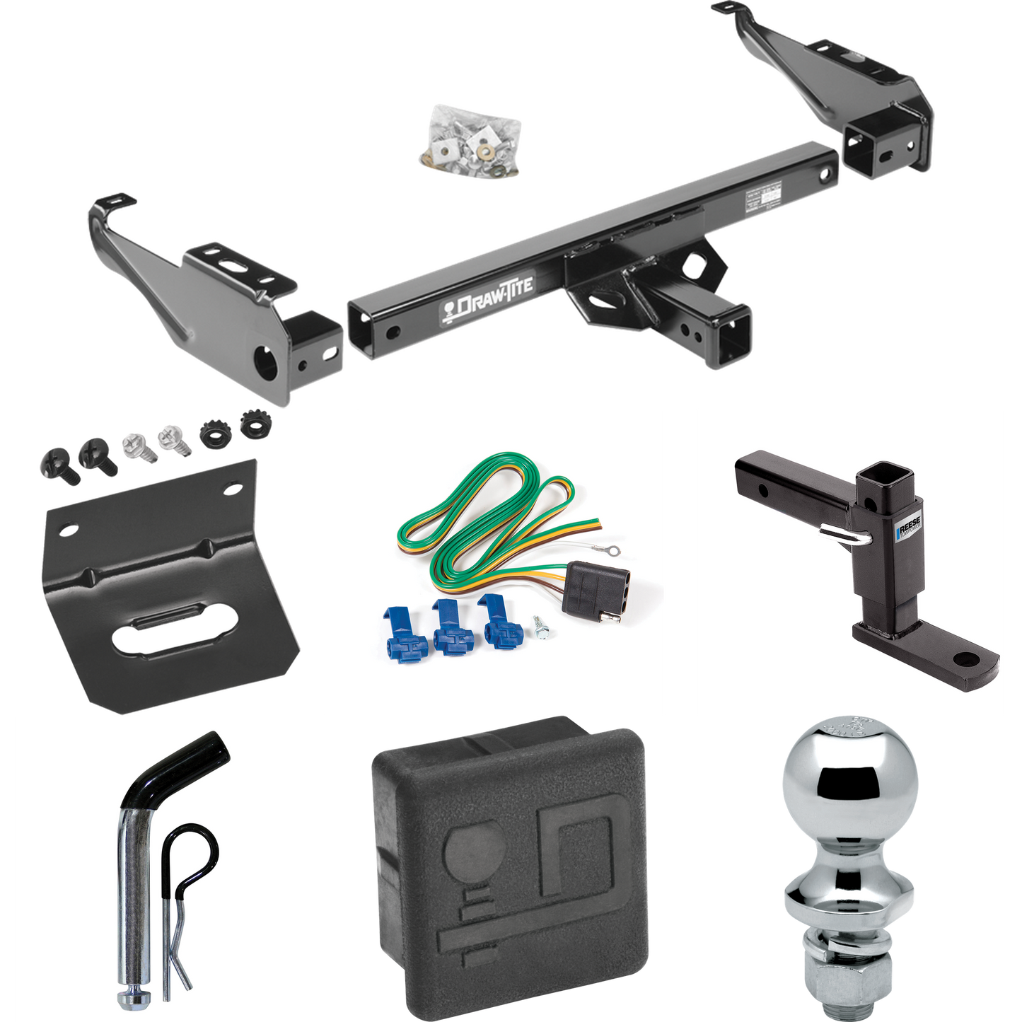 Se adapta al paquete de enganche de remolque Ford F-250 1963-1979 con 4 cables planos + soporte de bola ajustable + pasador/clip + bola de 1-7/8" + soporte de cableado + cubierta de enganche de Draw-Tite