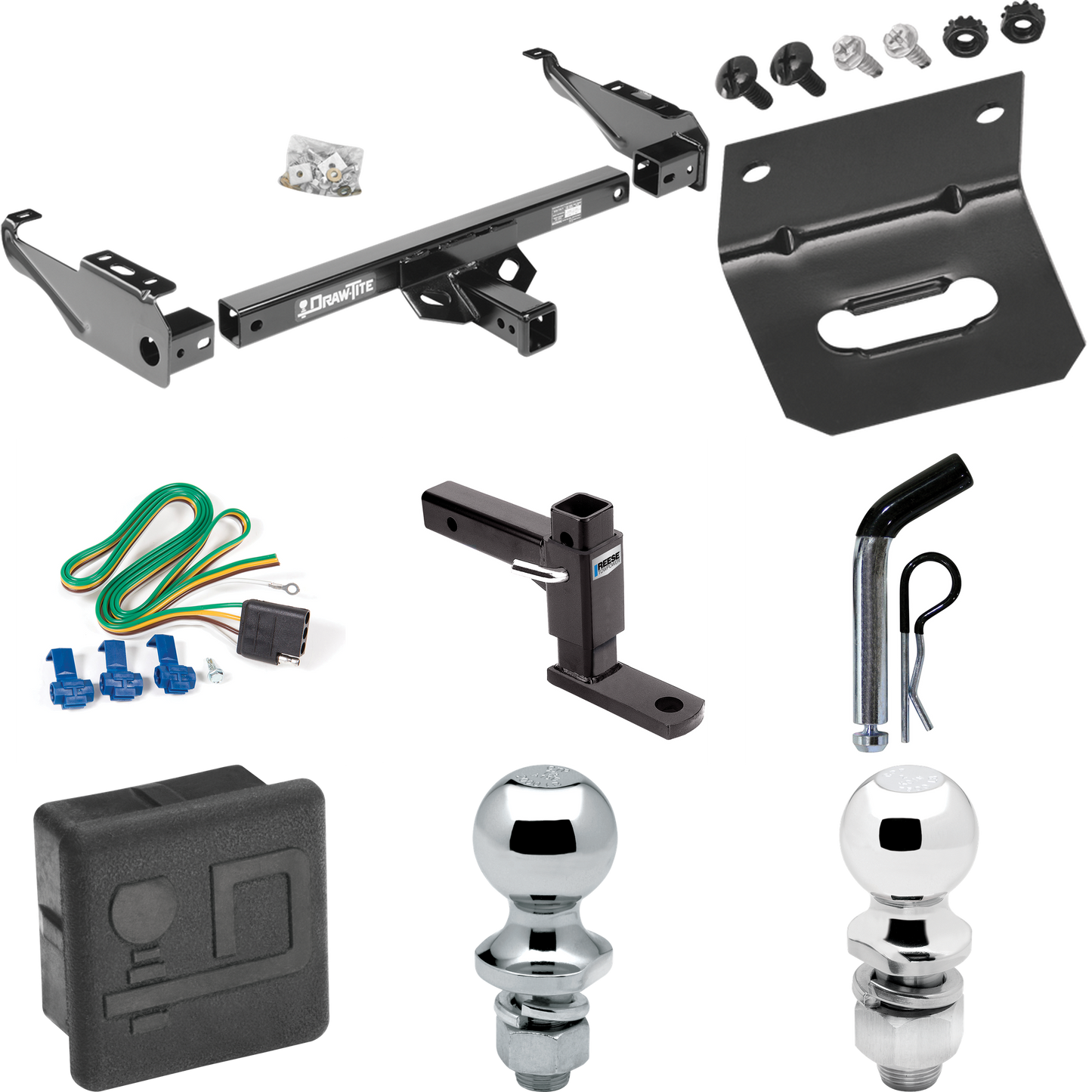 Fits 1967-1974 GMC C15/C1500 Trailer Hitch Tow PKG w/ 4-Flat Wiring + Adjustable Drop Rise Ball Mount + Pin/Clip + 2" Ball + 1-7/8" Ball + Wiring Bracket + Hitch Cover By Draw-Tite