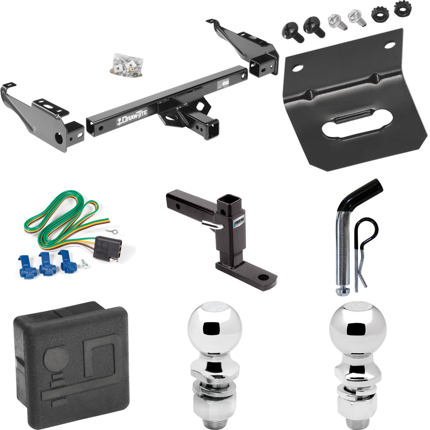 Fits 1968-1979 Dodge D100 Trailer Hitch Tow PKG w/ 4-Flat Wiring + Adjustable Drop Rise Ball Mount + Pin/Clip + 2" Ball + 2-5/16" Ball + Wiring Bracket + Hitch Cover By Draw-Tite