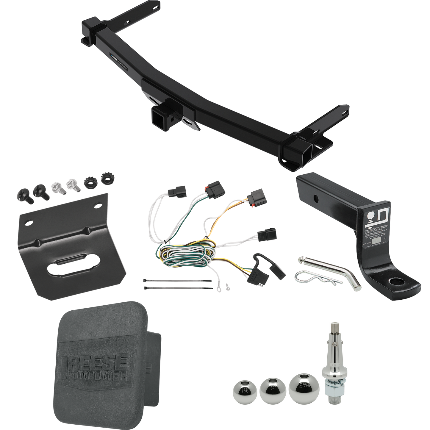 Fits 2011-2013 Jeep Grand Cherokee Trailer Hitch Tow PKG w/ 4-Flat Wiring + Ball Mount w/ 4" Drop + Interchangeable Ball 1-7/8" & 2" & 2-5/16" + Wiring Bracket + Hitch Cover (For w/Removable OEM Fascia Panel Only Models) By Reese Towpower