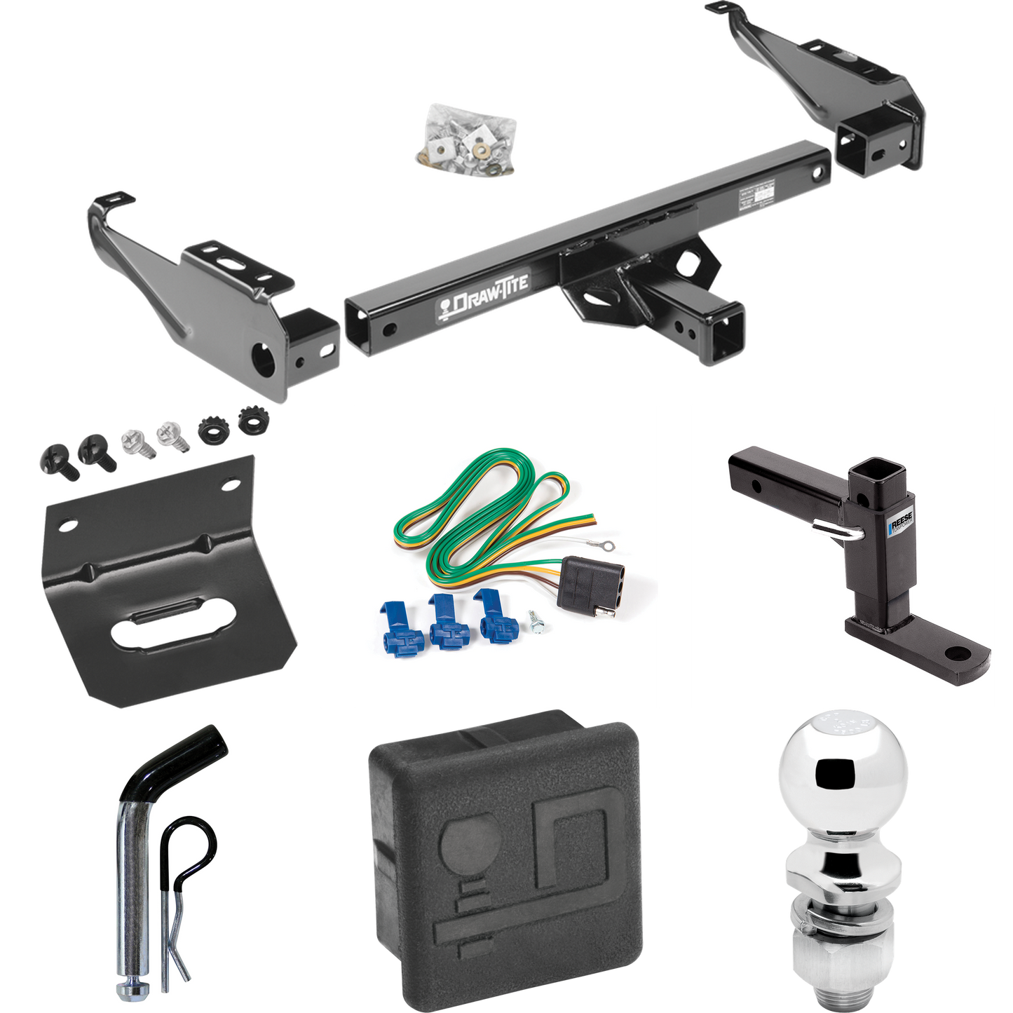 Se adapta al paquete de enganche de remolque Chevrolet C10 1985-1986 con 4 cables planos + soporte de bola ajustable + pasador/clip + bola de 2 pulgadas + soporte de cableado + cubierta de enganche de Draw-Tite