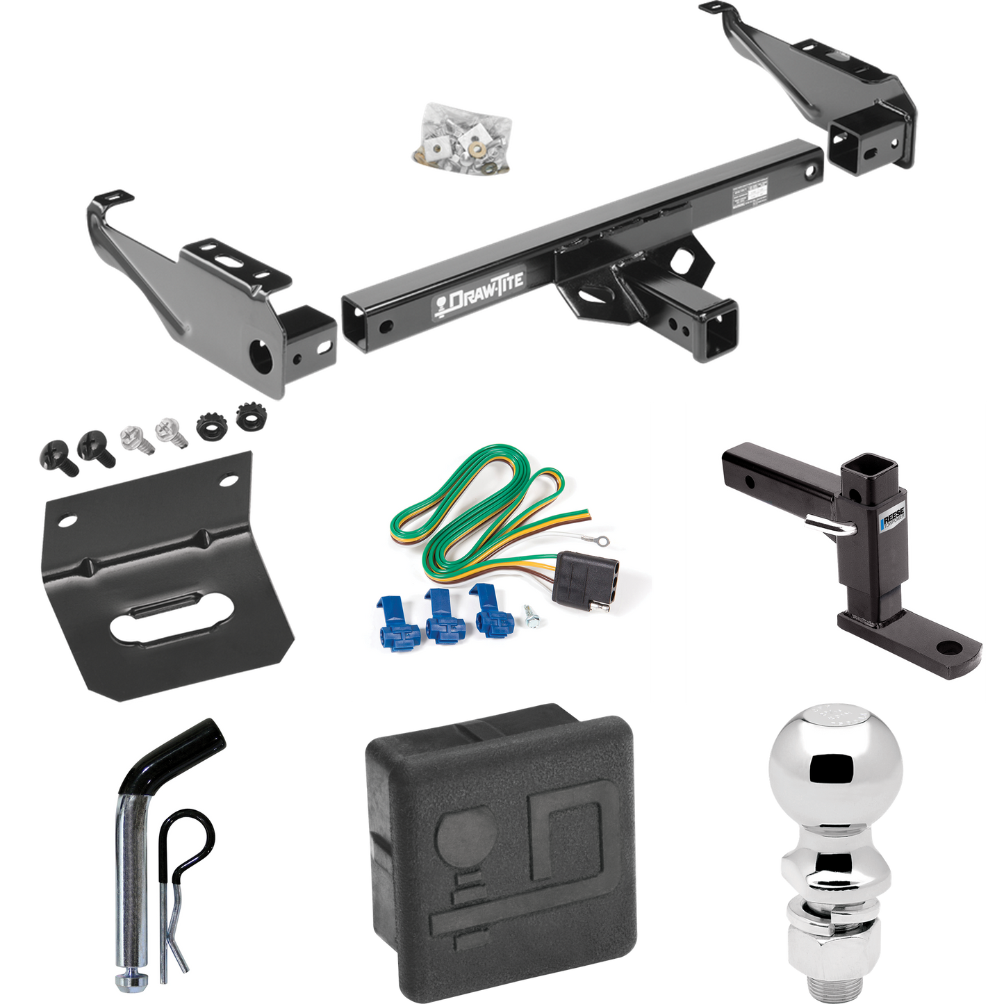 Se adapta al paquete de enganche de remolque Ford F-250 1963-1979 con 4 cables planos + soporte de bola ajustable + pasador/clip + bola de 2-5/16" + soporte de cableado + cubierta de enganche de Draw-Tite