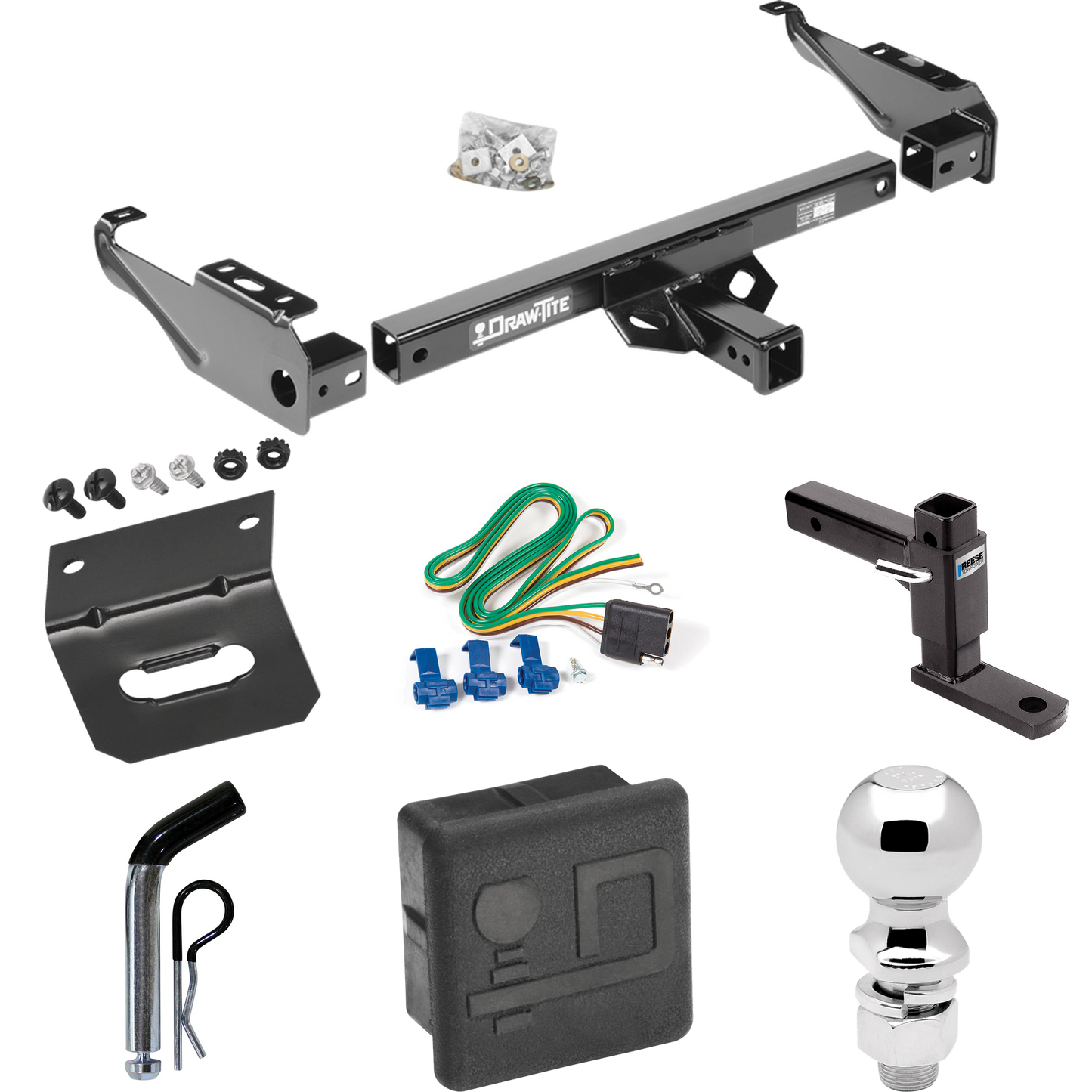 Fits 1967-1980 Dodge W200 Trailer Hitch Tow PKG w/ 4-Flat Wiring + Adjustable Drop Rise Ball Mount + Pin/Clip + 2-5/16" Ball + Wiring Bracket + Hitch Cover By Draw-Tite