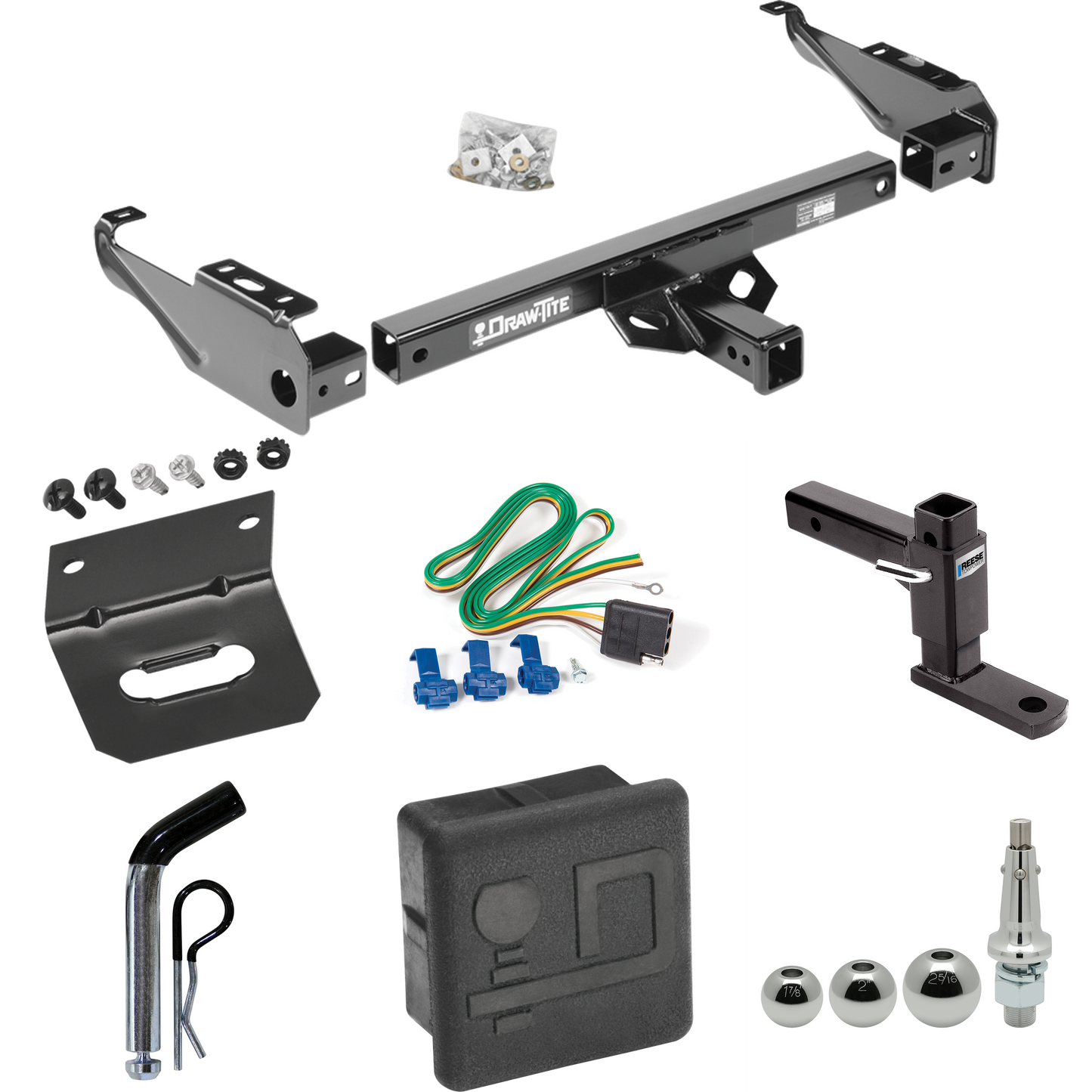 Fits 1981-1993 Dodge W350 Trailer Hitch Tow PKG w/ 4-Flat Wiring + Adjustable Drop Rise Ball Mount + Pin/Clip + Inerchangeable 1-7/8" & 2" & 2-5/16" Balls + Wiring Bracket + Hitch Cover By Draw-Tite