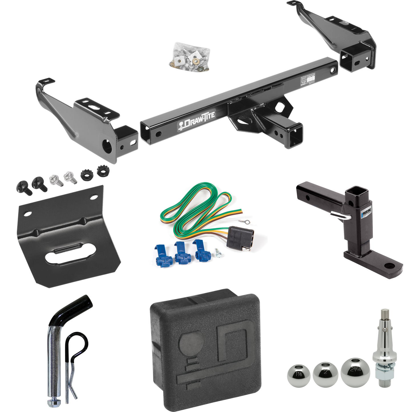 Fits 1963-1966 GMC 3500 Trailer Hitch Tow PKG w/ 4-Flat Wiring + Adjustable Drop Rise Ball Mount + Pin/Clip + Inerchangeable 1-7/8" & 2" & 2-5/16" Balls + Wiring Bracket + Hitch Cover By Draw-Tite