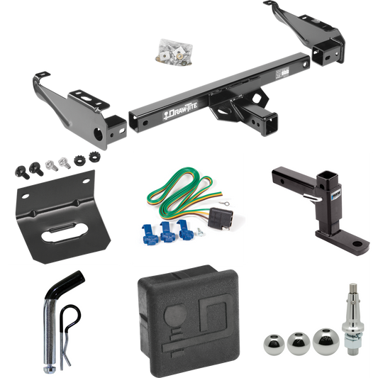 Fits 1980-1986 Ford F-350 Trailer Hitch Tow PKG w/ 4-Flat Wiring + Adjustable Drop Rise Ball Mount + Pin/Clip + Inerchangeable 1-7/8" & 2" & 2-5/16" Balls + Wiring Bracket + Hitch Cover (Excludes: w/Custom Fascia Models) By Draw-Tite