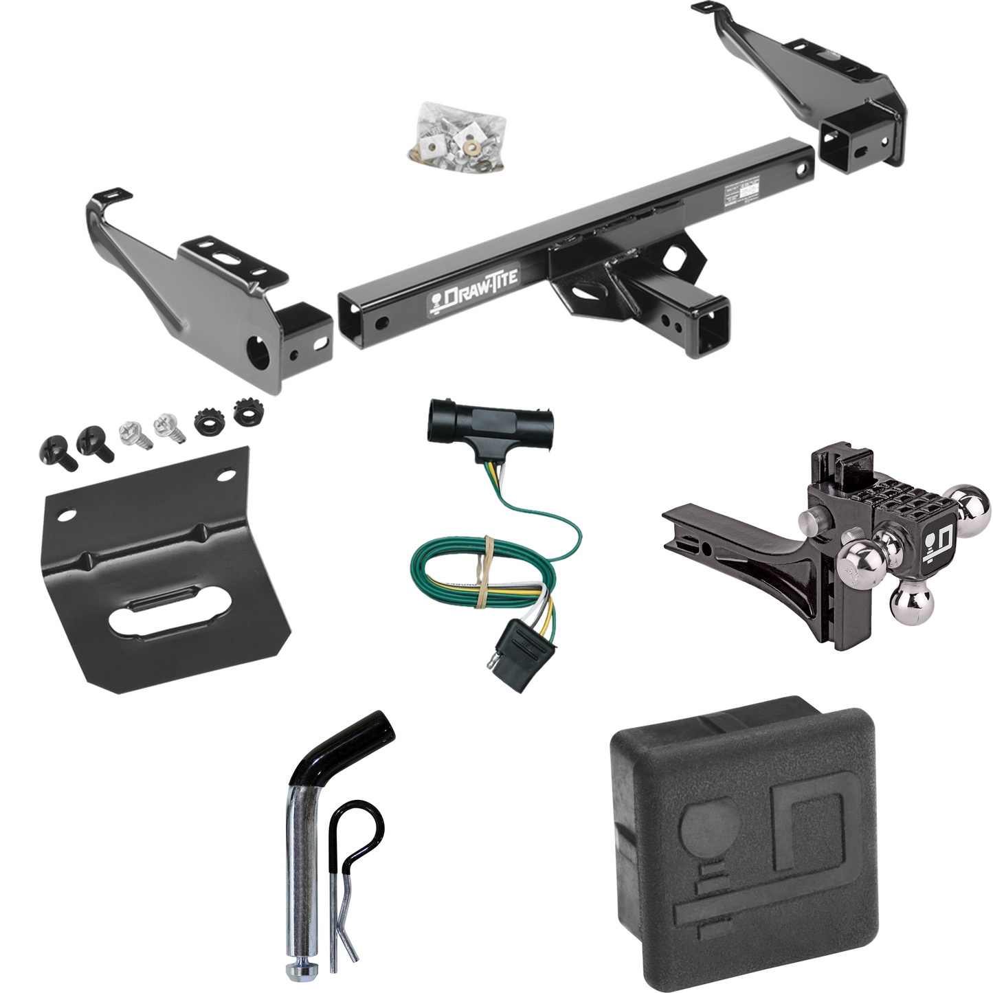 Fits 1973-1984 Chevrolet C30 Trailer Hitch Tow PKG w/ 4-Flat Wiring + Adjustable Drop Rise Triple Ball Ball Mount 1-7/8" & 2" & 2-5/16" Trailer Balls + Pin/Clip + Wiring Bracket + Hitch Cover By Draw-Tite