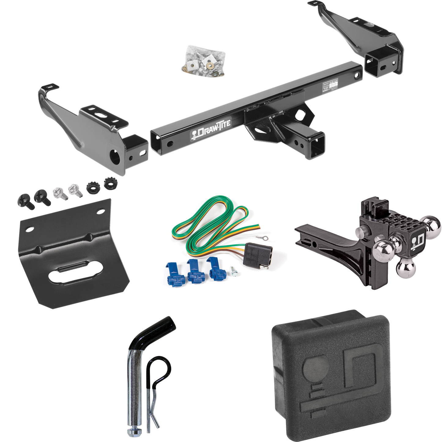 Fits 1968-1979 Dodge D100 Trailer Hitch Tow PKG w/ 4-Flat Wiring + Adjustable Drop Rise Triple Ball Ball Mount 1-7/8" & 2" & 2-5/16" Trailer Balls + Pin/Clip + Wiring Bracket + Hitch Cover By Draw-Tite