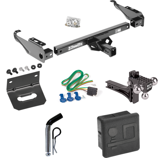 Fits 1968-1979 Dodge D100 Trailer Hitch Tow PKG w/ 4-Flat Wiring + Adjustable Drop Rise Triple Ball Ball Mount 1-7/8" & 2" & 2-5/16" Trailer Balls + Pin/Clip + Wiring Bracket + Hitch Cover By Draw-Tite