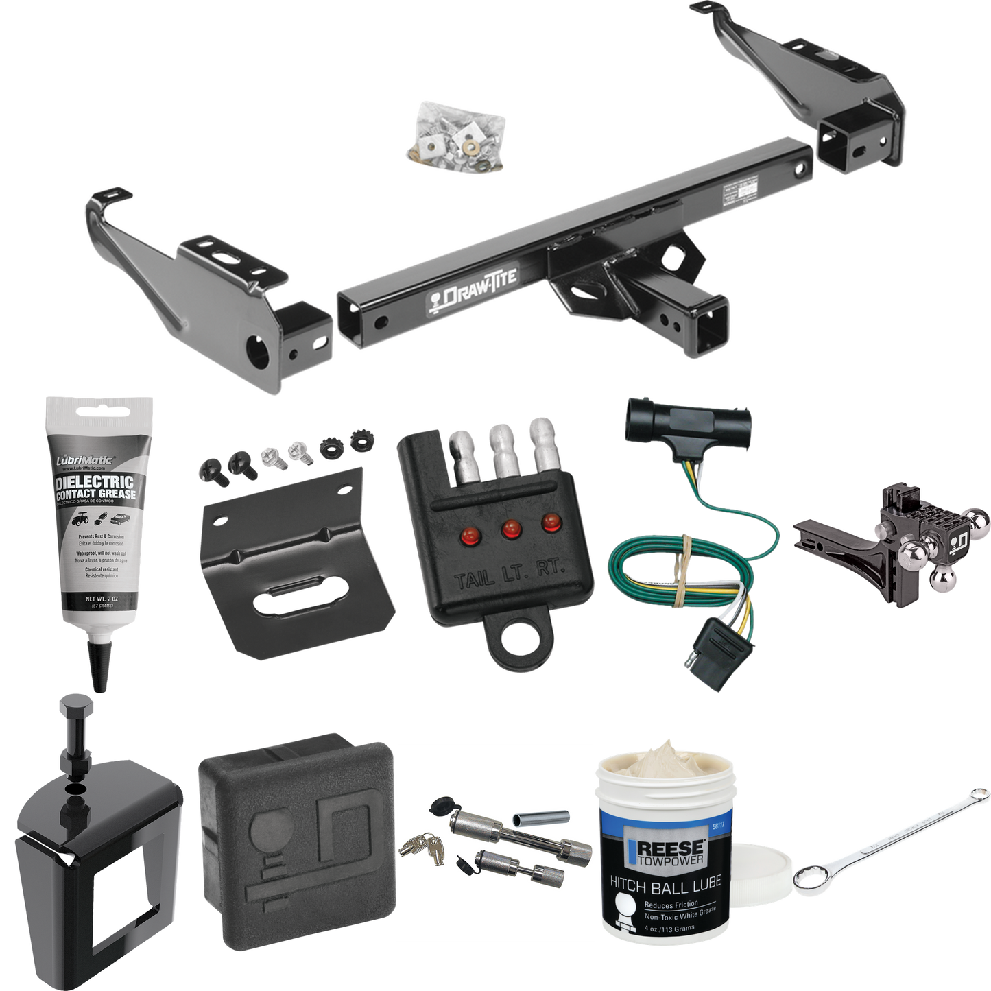 Fits 1979-1984 GMC C1500 Trailer Hitch Tow PKG w/ 4-Flat Wiring + Adjustable Drop Rise Triple Ball Ball Mount 1-7/8" & 2" & 2-5/16" Trailer Balls + Wiring Bracket + Hitch Cover + Dual Hitch & Coupler Locks + Wiring Tester + Ball Lube + Electric Greas