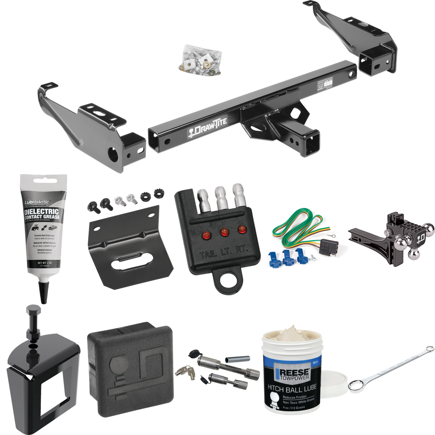 Fits 1985-1986 Chevrolet C30 Trailer Hitch Tow PKG w/ 4-Flat Wiring + Adjustable Drop Rise Triple Ball Ball Mount 1-7/8" & 2" & 2-5/16" Trailer Balls + Wiring Bracket + Hitch Cover + Dual Hitch & Coupler Locks + Wiring Tester + Ball Lube + Electric G