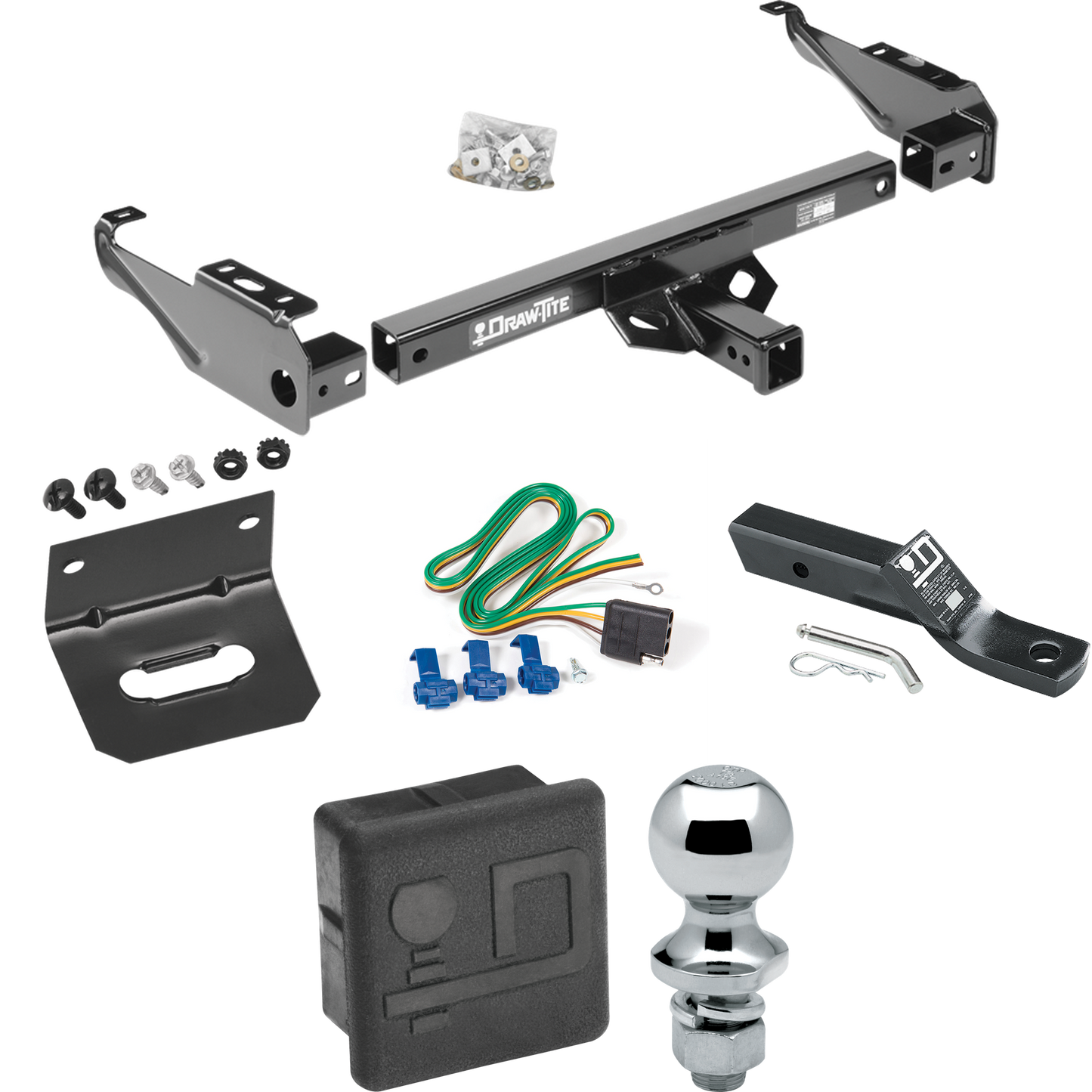 Se adapta al paquete de remolque con enganche de remolque GMC serie 2500 de 1963-1965 con 4 cables planos + soporte de bola con caída de 2" + bola de 1-7/8" + soporte de cableado + cubierta de enganche de Draw-Tite