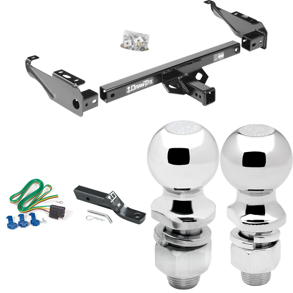 Fits 1989-1997 Ford F Super Duty Trailer Hitch Tow PKG w/ 4-Flat Wiring + Ball Mount w/ 2" Drop + 2" Ball + 2-5/16" Ball (For Cab & Chassis, w/34" Wide Frames & 161" Wheelbase Models) By Draw-Tite