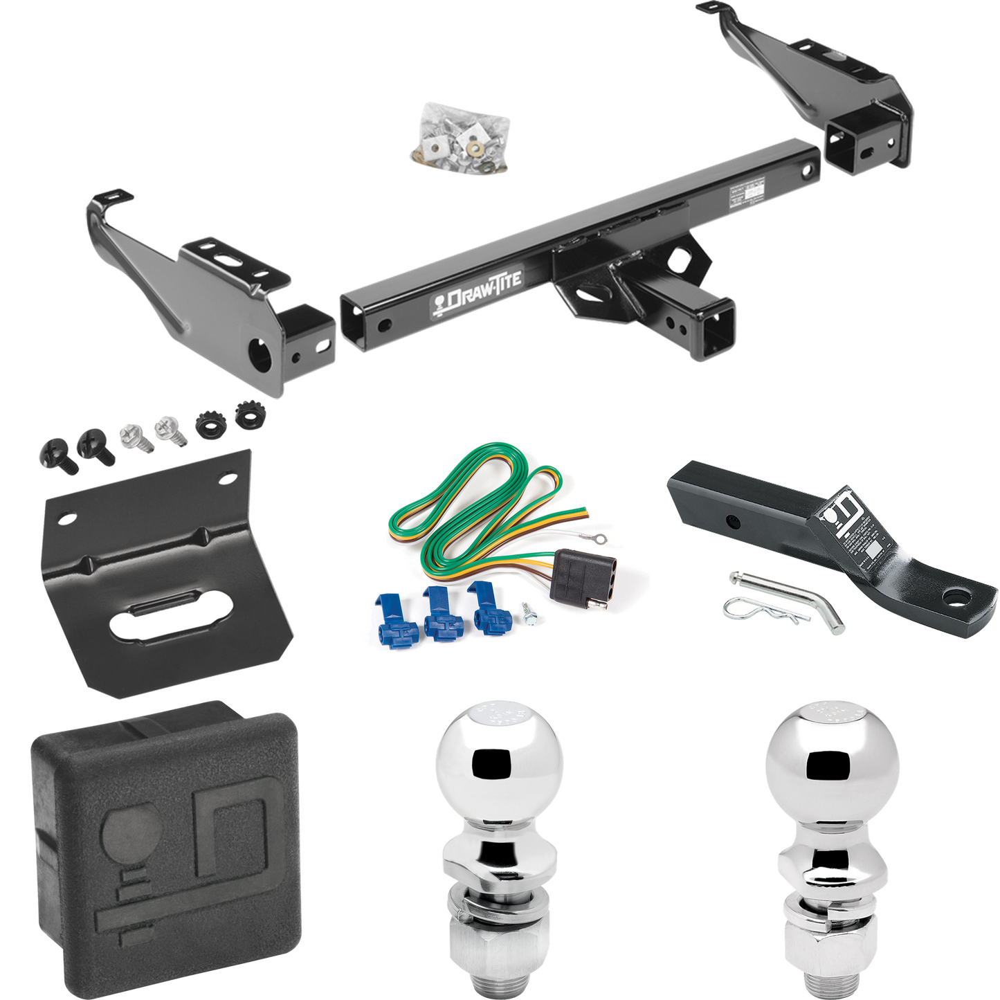 Fits 1980-1983 Ford F-100 Trailer Hitch Tow PKG w/ 4-Flat Wiring + Ball Mount w/ 2" Drop + 2" Ball + 2-5/16" Ball + Wiring Bracket + Hitch Cover (Excludes: w/Custom Fascia Models) By Draw-Tite