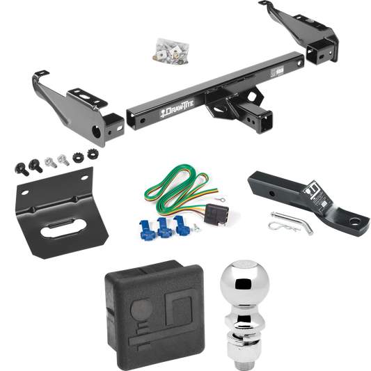 Fits 1989-1997 Ford F Super Duty Trailer Hitch Tow PKG w/ 4-Flat Wiring + Ball Mount w/ 2" Drop + 2-5/16" Ball + Wiring Bracket + Hitch Cover (For Cab & Chassis, w/34" Wide Frames & 161" Wheelbase Models) By Draw-Tite