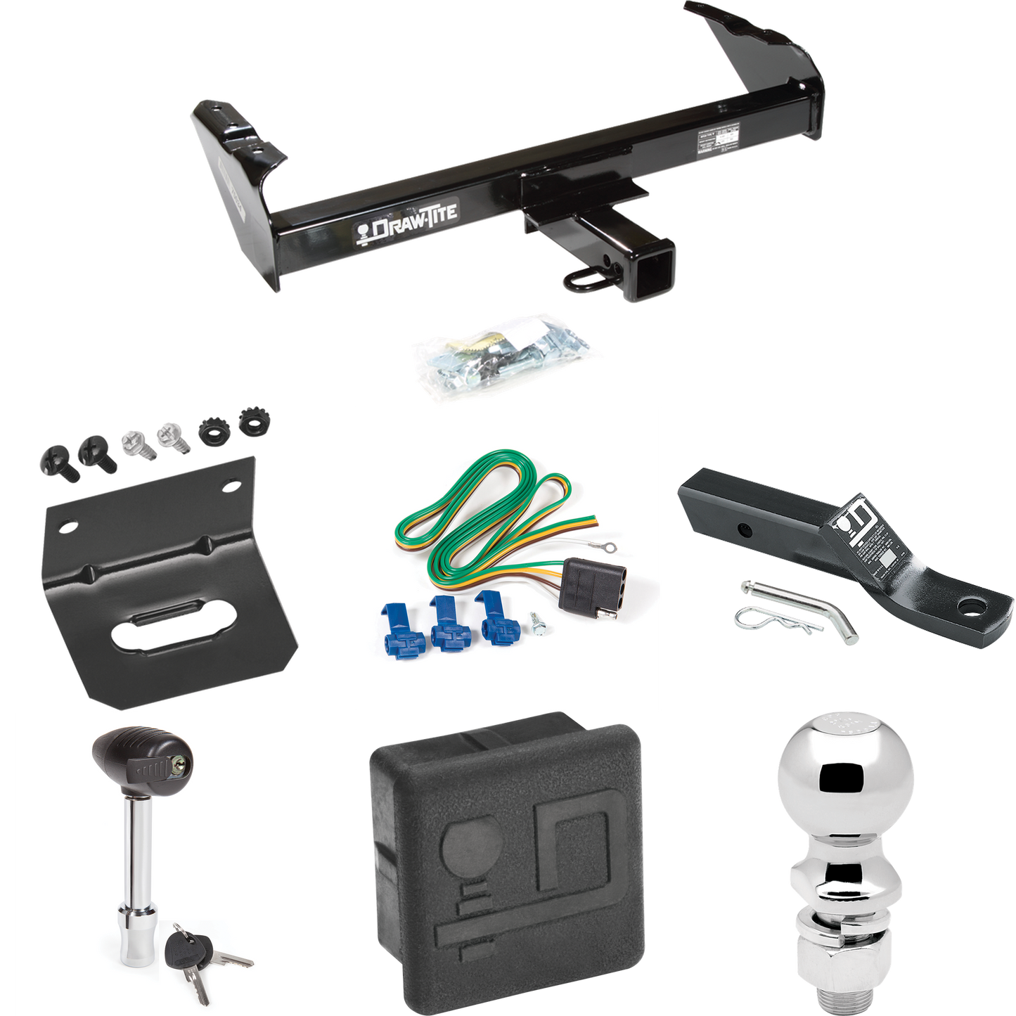 Fits 1985-1986 Chevrolet K30 Trailer Hitch Tow PKG w/ 4-Flat Wiring + Ball Mount w/ 2" Drop + 2-5/16" Ball + Wiring Bracket + Hitch Lock + Hitch Cover By Draw-Tite