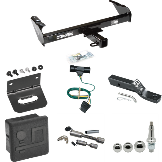 Fits 1977-1978 GMC K35 Trailer Hitch Tow PKG w/ 4-Flat Wiring + Ball Mount w/ 2" Drop + Interchangeable Ball 1-7/8" & 2" & 2-5/16" + Wiring Bracket + Dual Hitch & Coupler Locks + Hitch Cover By Draw-Tite