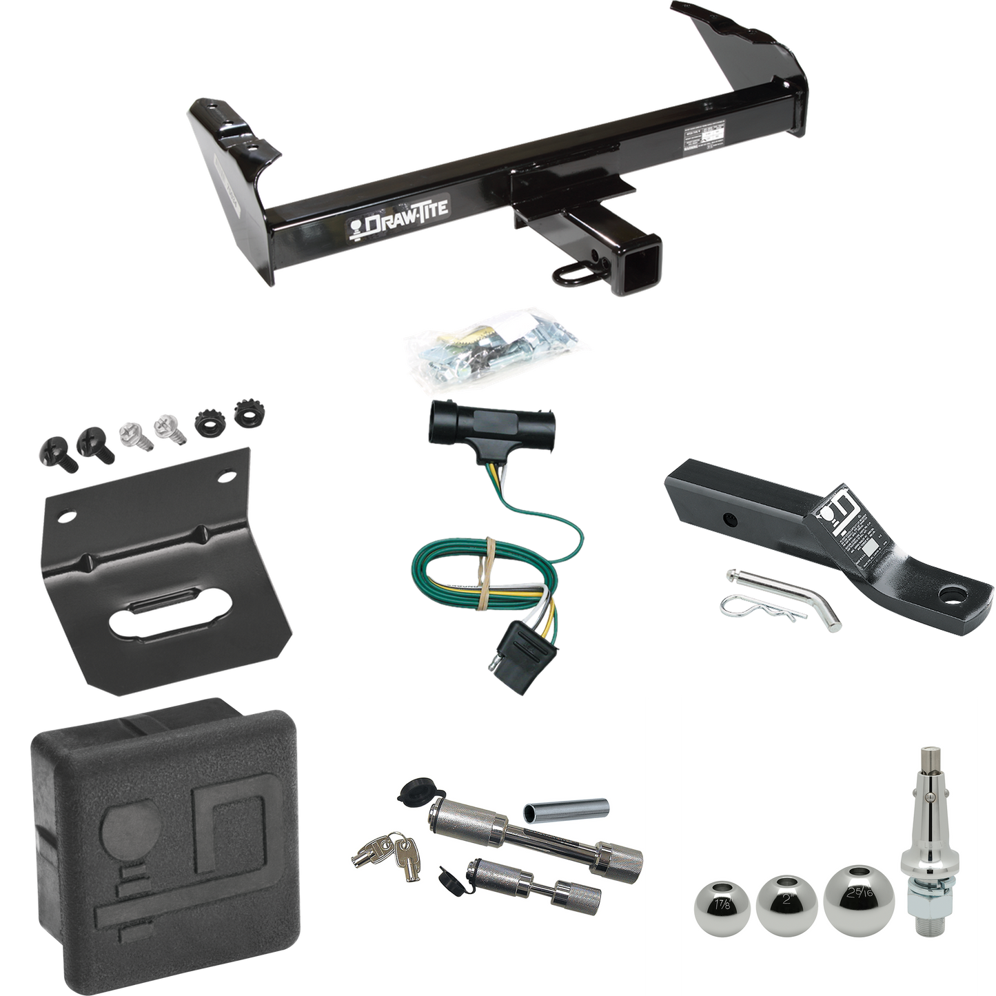 Fits 1979-1984 GMC K1500 Trailer Hitch Tow PKG w/ 4-Flat Wiring + Ball Mount w/ 2" Drop + Interchangeable Ball 1-7/8" & 2" & 2-5/16" + Wiring Bracket + Dual Hitch & Coupler Locks + Hitch Cover By Draw-Tite