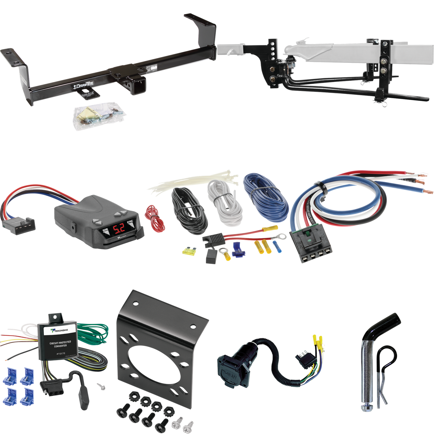 Fits 2006-2013 Suzuki Grand Vitara Trailer Hitch Tow PKG w/ 6K Round Bar Weight Distribution Hitch w/ 2-5/16" Ball + Pin/Clip + Tekonsha Brakeman IV Brake Control + Generic BC Wiring Adapter + 7-Way RV Wiring (Excludes: 3 Dr Hatchback Models) By Draw