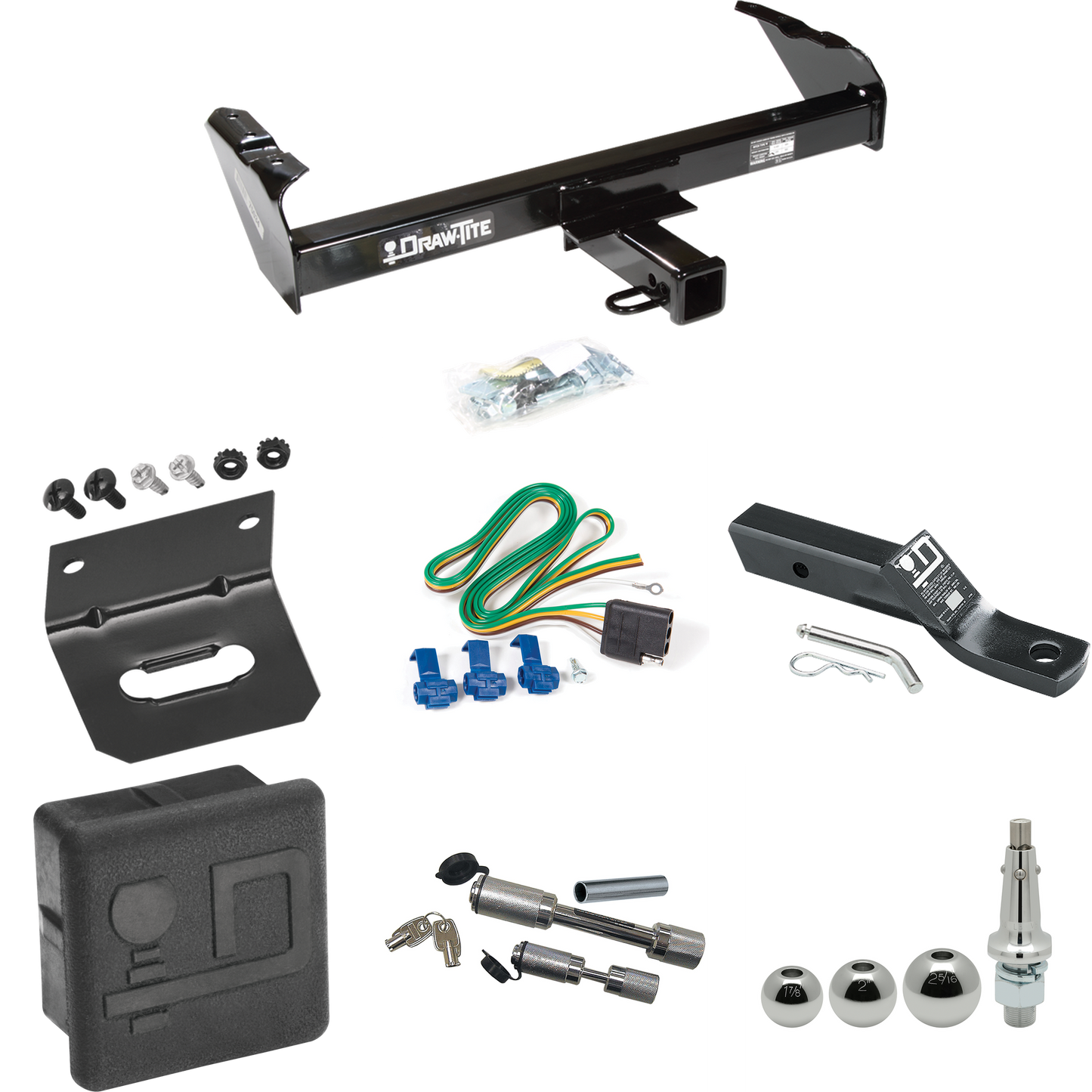 Fits 1969-1971 International 1500D Trailer Hitch Tow PKG w/ 4-Flat Wiring + Ball Mount w/ 2" Drop + Interchangeable Ball 1-7/8" & 2" & 2-5/16" + Wiring Bracket + Dual Hitch & Coupler Locks + Hitch Cover By Draw-Tite