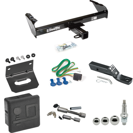 Fits 1969-1971 International 1500D Trailer Hitch Tow PKG w/ 4-Flat Wiring + Ball Mount w/ 2" Drop + Interchangeable Ball 1-7/8" & 2" & 2-5/16" + Wiring Bracket + Dual Hitch & Coupler Locks + Hitch Cover By Draw-Tite