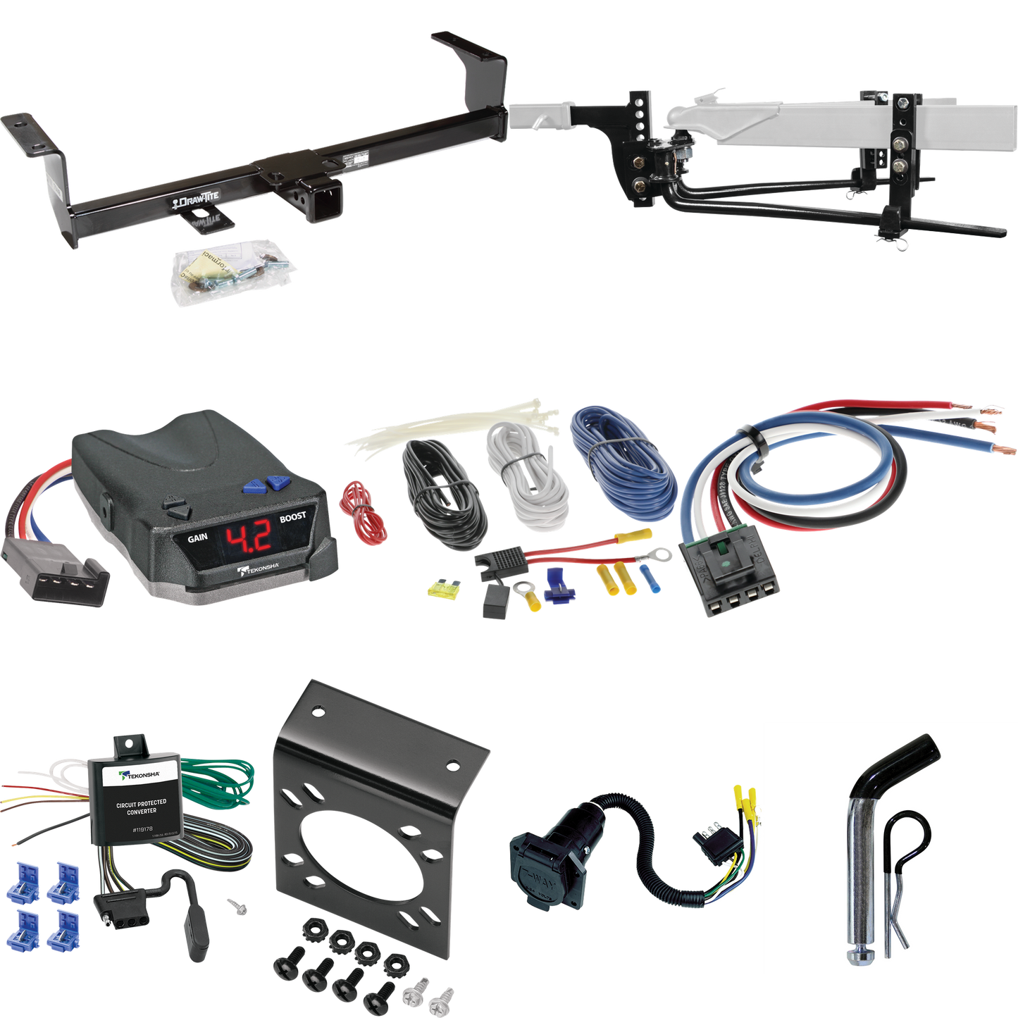 Fits 2006-2013 Suzuki Grand Vitara Trailer Hitch Tow PKG w/ 6K Round Bar Weight Distribution Hitch w/ 2-5/16" Ball + Pin/Clip + Tekonsha BRAKE-EVN Brake Control + Generic BC Wiring Adapter + 7-Way RV Wiring (Excludes: 3 Dr Hatchback Models) By Draw-T