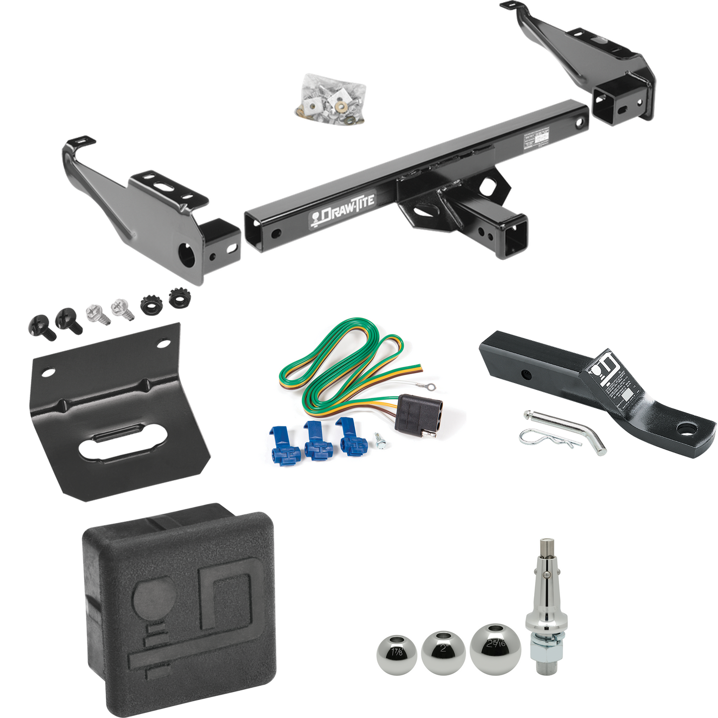 Fits 1963-1972 Chevrolet C20 Trailer Hitch Tow PKG w/ 4-Flat Wiring + Ball Mount w/ 2" Drop + Interchangeable Ball 1-7/8" & 2" & 2-5/16" + Wiring Bracket + Hitch Cover By Draw-Tite