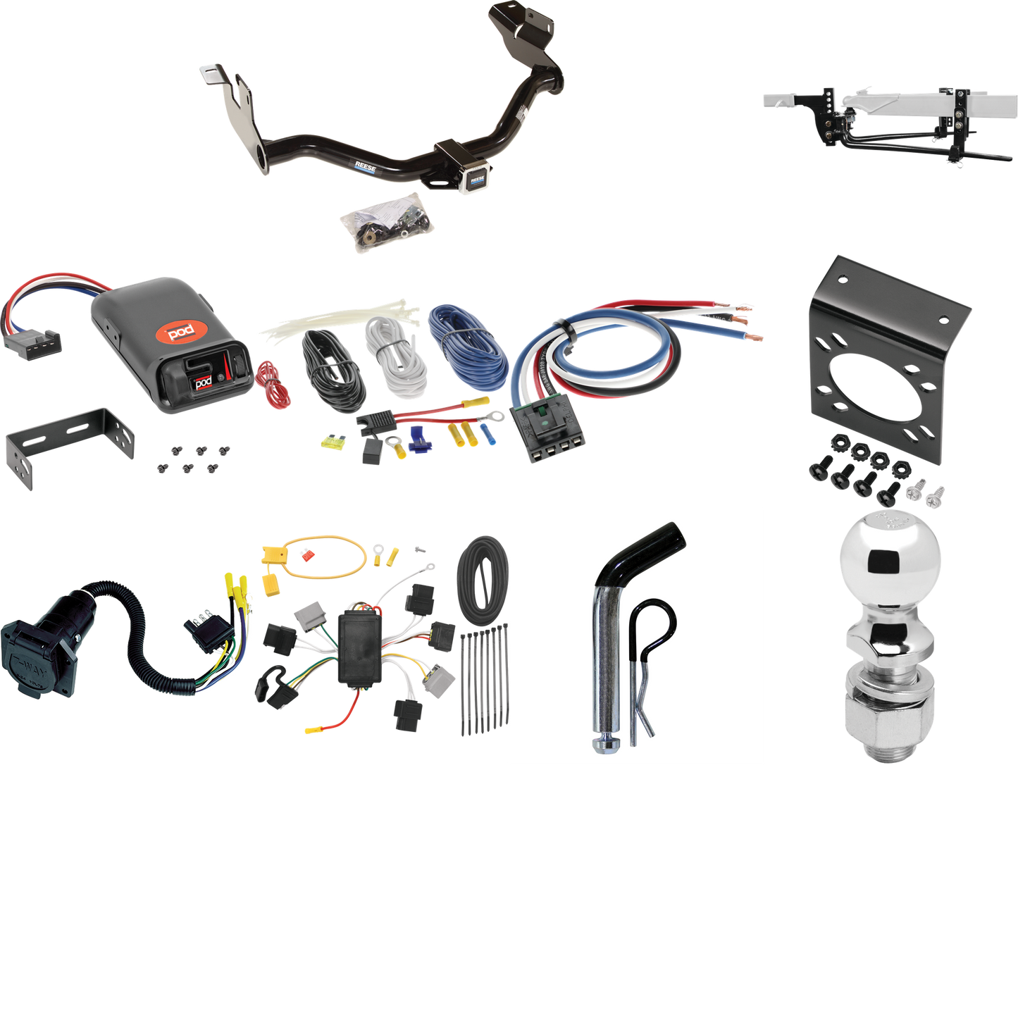 Fits 2005-2006 Mazda Tribute Trailer Hitch Tow PKG w/ 6K Round Bar Weight Distribution Hitch w/ 2-5/16" Ball + 2" Ball + Pin/Clip + Pro Series POD Brake Control + Generic BC Wiring Adapter + 7-Way RV Wiring By Reese Towpower