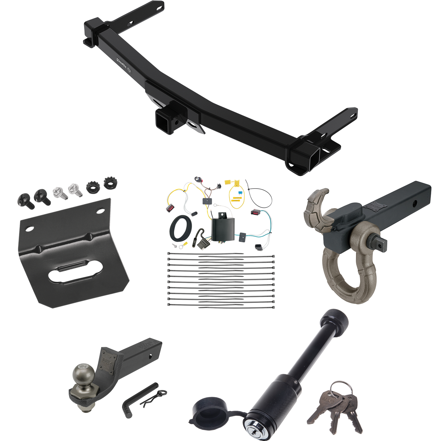 Fits 2014-2021 Jeep Grand Cherokee Trailer Hitch Tow PKG w/ 4-Flat Wiring + Interlock Tactical Starter Kit w/ 2" Drop & 2" Ball + Tactical Hook & Shackle Mount + Tactical Dogbone Lock + Wiring Bracket (For w/Removable OEM Fascia Panel Only Models) By