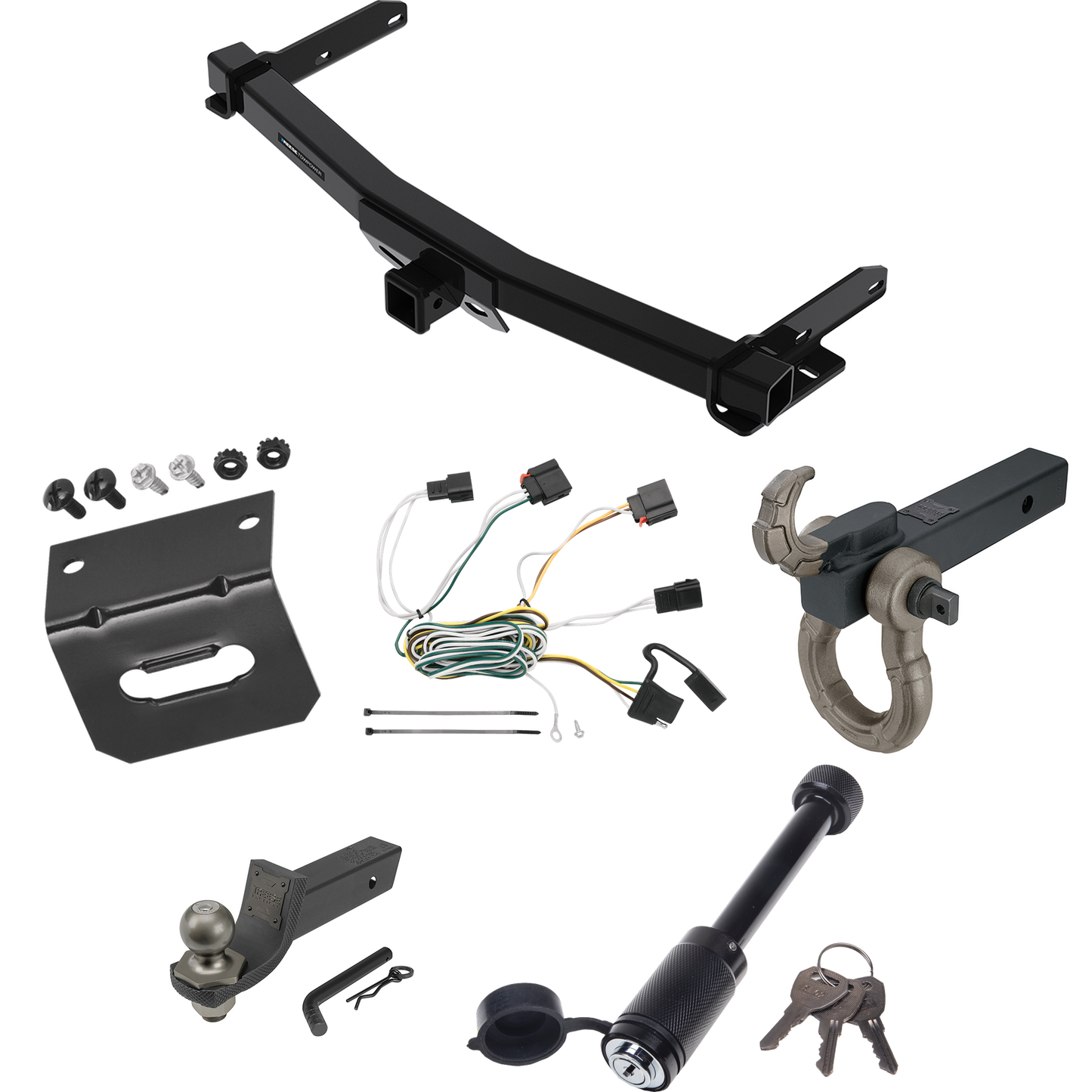 Fits 2011-2013 Jeep Grand Cherokee Trailer Hitch Tow PKG w/ 4-Flat Wiring + Interlock Tactical Starter Kit w/ 2" Drop & 2" Ball + Tactical Hook & Shackle Mount + Tactical Dogbone Lock + Wiring Bracket (For w/Removable OEM Fascia Panel Only Models) By