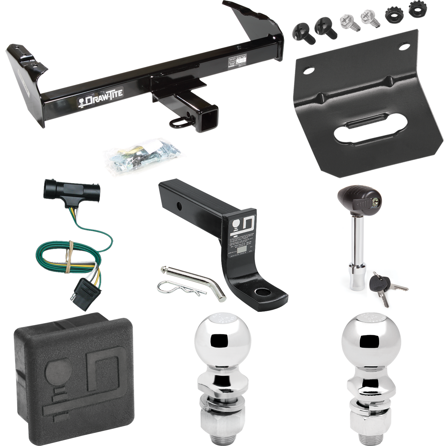 Fits 1975-1978 GMC K15 Trailer Hitch Tow PKG w/ 4-Flat Wiring + Ball Mount w/ 4" Drop + 2" Ball + 2-5/16" Ball + Wiring Bracket + Hitch Lock + Hitch Cover By Draw-Tite