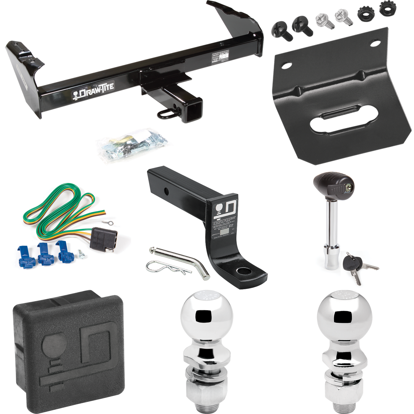 Se adapta al paquete de remolque con enganche para remolque International 1500D 1969-1971 con 4 cables planos + soporte de bola con caída de 4" + bola de 2" + bola de 2-5/16" + soporte de cableado + bloqueo de enganche + cubierta de enganche de Draw-Tite