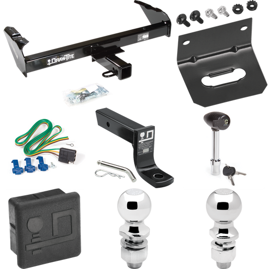 Se adapta al paquete de remolque con enganche para remolque International 1500D 1969-1971 con 4 cables planos + soporte de bola con caída de 4" + bola de 2" + bola de 2-5/16" + soporte de cableado + bloqueo de enganche + cubierta de enganche de Draw-Tite