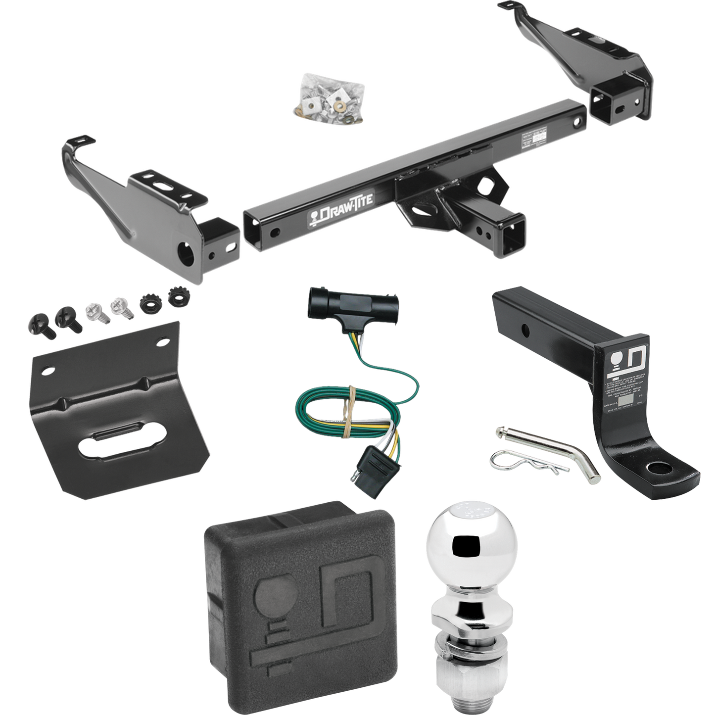 Fits 1973-1984 Chevrolet C30 Trailer Hitch Tow PKG w/ 4-Flat Wiring + Ball Mount w/ 4" Drop + 2" Ball + Wiring Bracket + Hitch Cover By Draw-Tite