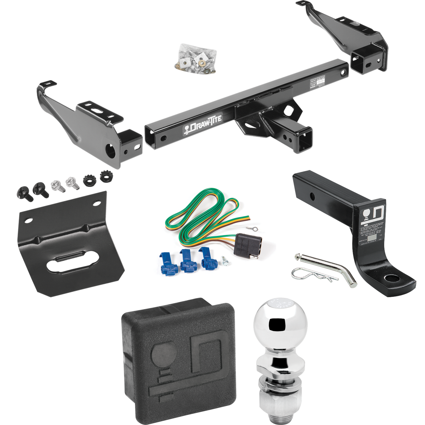 Fits 1999-2000 Ford F-350 Super Duty Trailer Hitch Tow PKG w/ 4-Flat Wiring + Ball Mount w/ 4" Drop + 2" Ball + Wiring Bracket + Hitch Cover (For Cab & Chassis, w/34" Wide Frames Models) By Draw-Tite