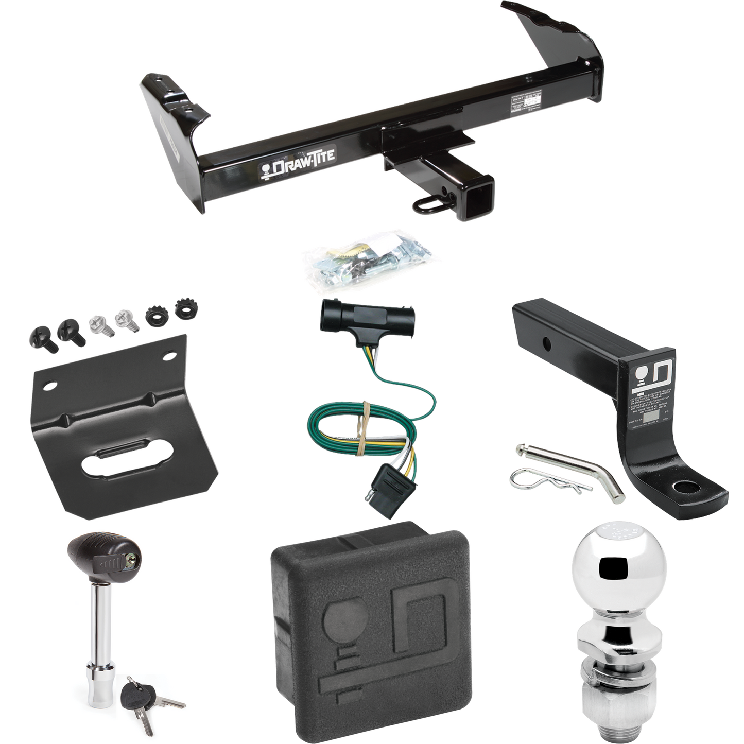 Fits 1977-1984 Chevrolet K30 Trailer Hitch Tow PKG w/ 4-Flat Wiring + Ball Mount w/ 4" Drop + 2" Ball + Wiring Bracket + Hitch Lock + Hitch Cover By Draw-Tite