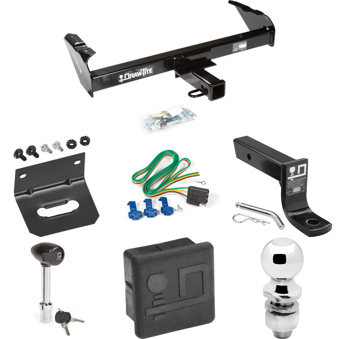 Fits 1985-1986 Chevrolet C20 Trailer Hitch Tow PKG w/ 4-Flat Wiring + Ball Mount w/ 4" Drop + 2" Ball + Wiring Bracket + Hitch Lock + Hitch Cover By Draw-Tite