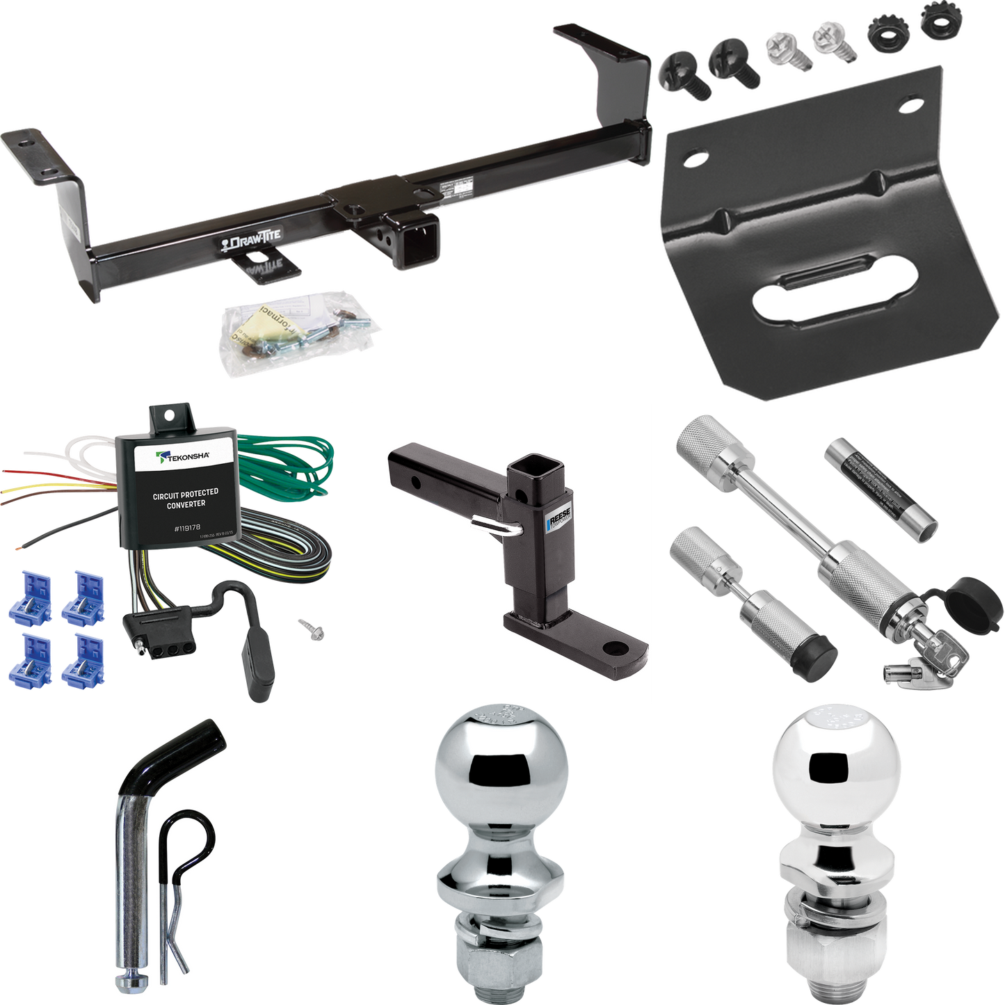 Fits 2006-2013 Suzuki Grand Vitara Trailer Hitch Tow PKG w/ 4-Flat Wiring Harness + Adjustable Drop Rise Ball Mount + Pin/Clip + 2" Ball + 1-7/8" Ball + Dual Hitch & Coupler Locks (Excludes: 3 Dr Hatchback Models) By Draw-Tite