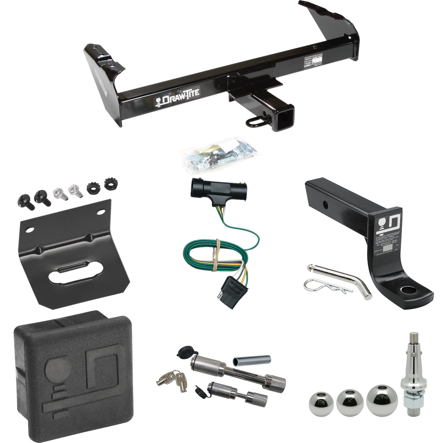 Fits 1975-1978 GMC C15 Trailer Hitch Tow PKG w/ 4-Flat Wiring + Ball Mount w/ 4" Drop + Interchangeable Ball 1-7/8" & 2" & 2-5/16" + Wiring Bracket + Dual Hitch & Coupler Locks + Hitch Cover By Draw-Tite