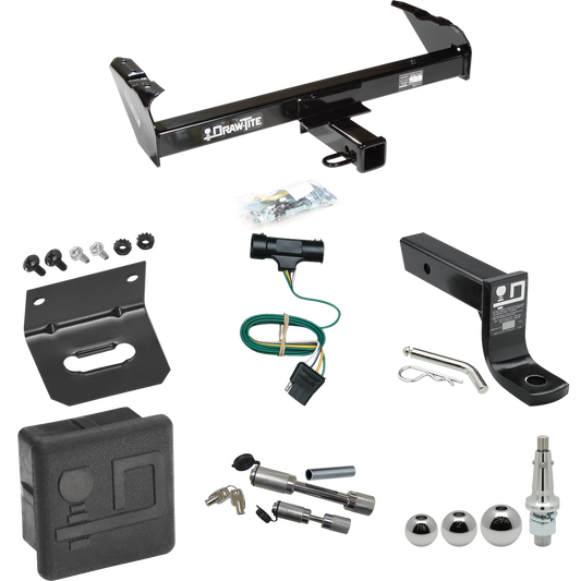 Fits 1975-1978 GMC C15 Trailer Hitch Tow PKG w/ 4-Flat Wiring + Ball Mount w/ 4" Drop + Interchangeable Ball 1-7/8" & 2" & 2-5/16" + Wiring Bracket + Dual Hitch & Coupler Locks + Hitch Cover By Draw-Tite