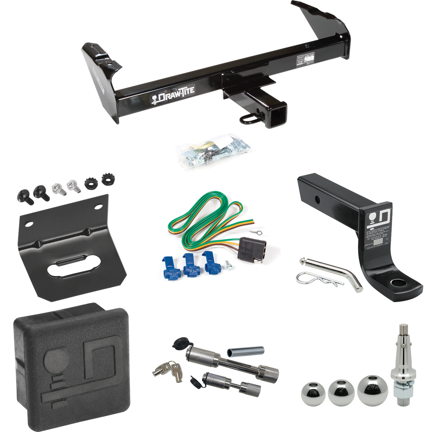 Fits 1985-1986 GMC K3500 Trailer Hitch Tow PKG w/ 4-Flat Wiring + Ball Mount w/ 4" Drop + Interchangeable Ball 1-7/8" & 2" & 2-5/16" + Wiring Bracket + Dual Hitch & Coupler Locks + Hitch Cover By Draw-Tite