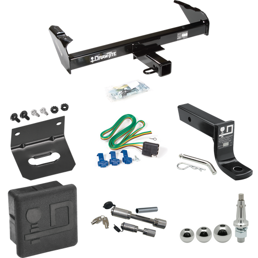 Fits 1985-1986 GMC K3500 Trailer Hitch Tow PKG w/ 4-Flat Wiring + Ball Mount w/ 4" Drop + Interchangeable Ball 1-7/8" & 2" & 2-5/16" + Wiring Bracket + Dual Hitch & Coupler Locks + Hitch Cover By Draw-Tite