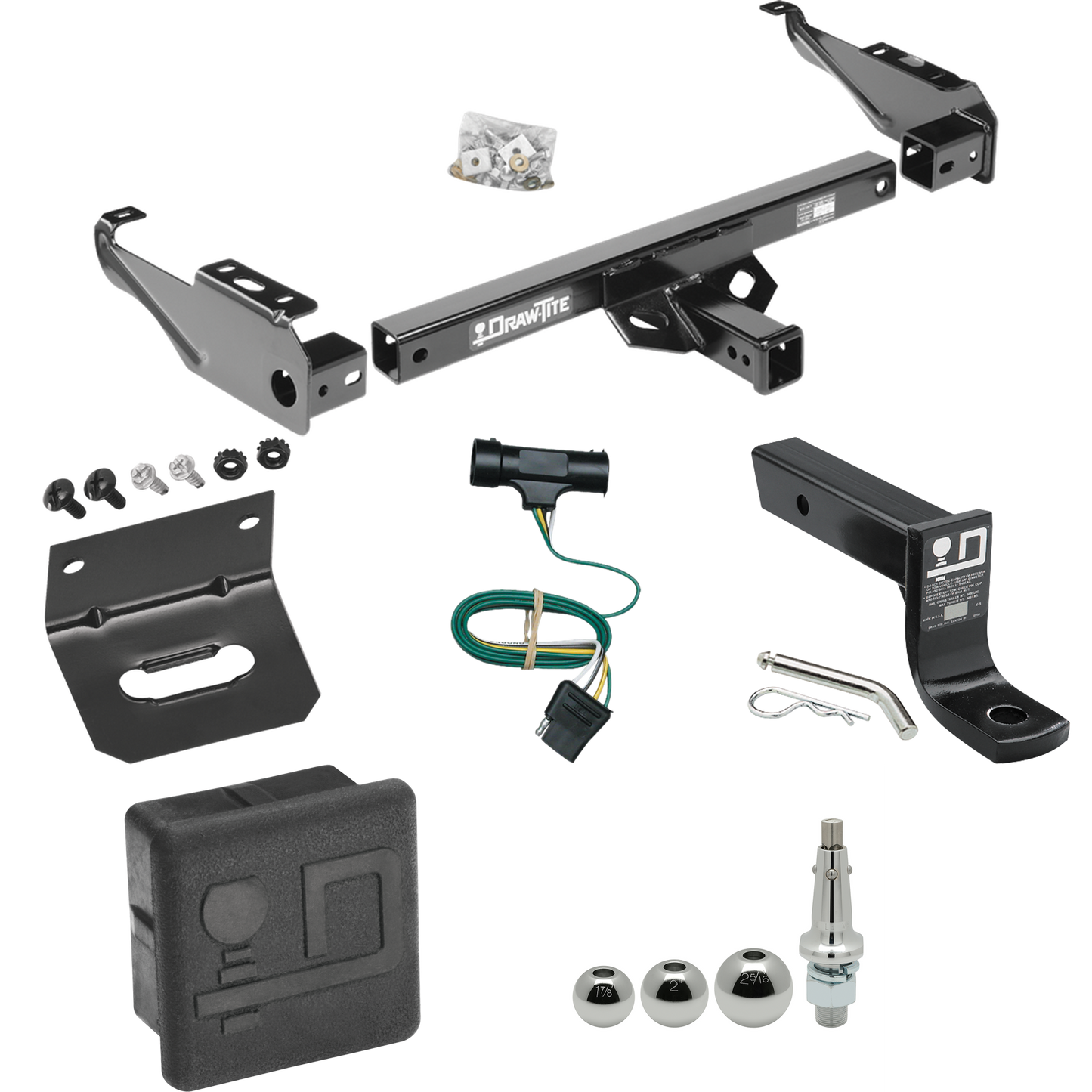 Fits 1979-1984 GMC C1500 Trailer Hitch Tow PKG w/ 4-Flat Wiring + Ball Mount w/ 4" Drop + Interchangeable Ball 1-7/8" & 2" & 2-5/16" + Wiring Bracket + Hitch Cover By Draw-Tite