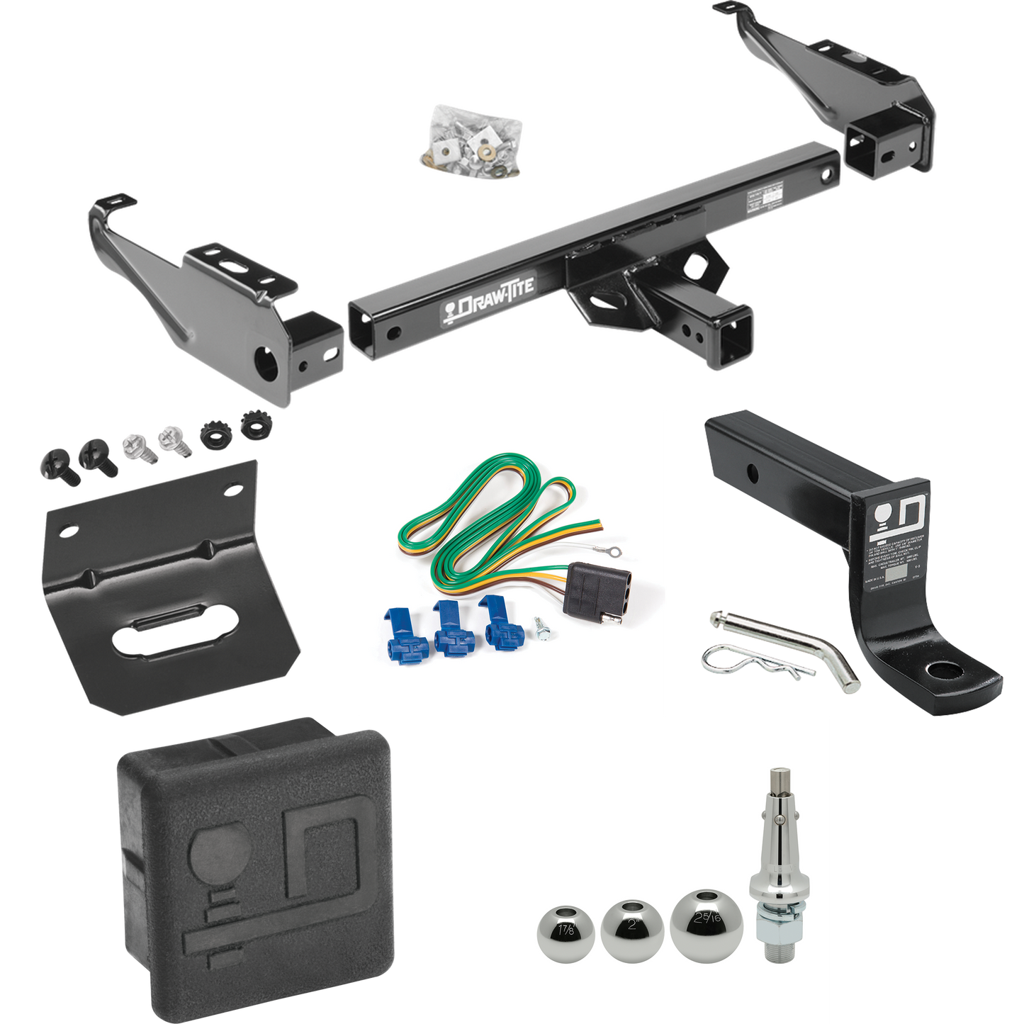 Fits 1968-1980 Dodge D300 Trailer Hitch Tow PKG w/ 4-Flat Wiring + Ball Mount w/ 4" Drop + Interchangeable Ball 1-7/8" & 2" & 2-5/16" + Wiring Bracket + Hitch Cover By Draw-Tite