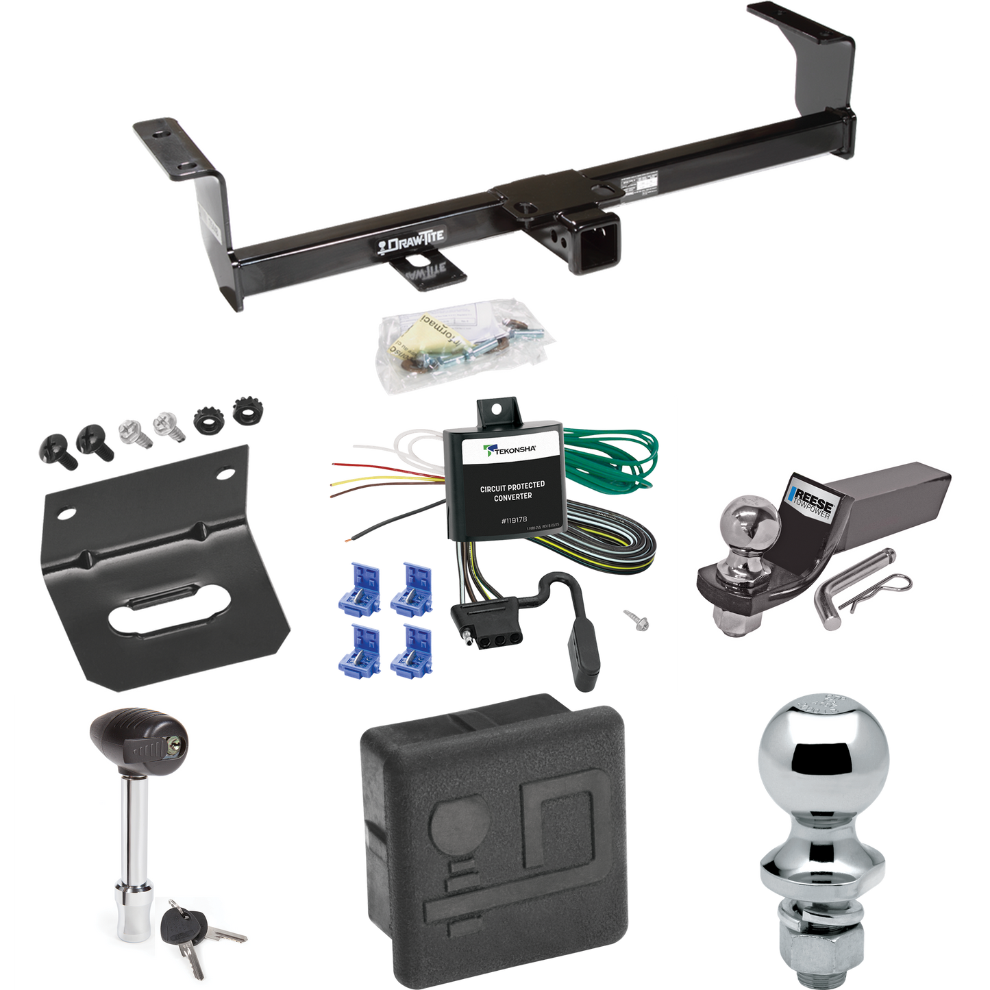 Fits 2006-2013 Suzuki Grand Vitara Trailer Hitch Tow PKG w/ 4-Flat Wiring + Starter Kit Ball Mount w/ 2" Drop & 2" Ball + 1-7/8" Ball + Wiring Bracket + Hitch Lock + Hitch Cover (Excludes: 3 Dr Hatchback Models) By Draw-Tite