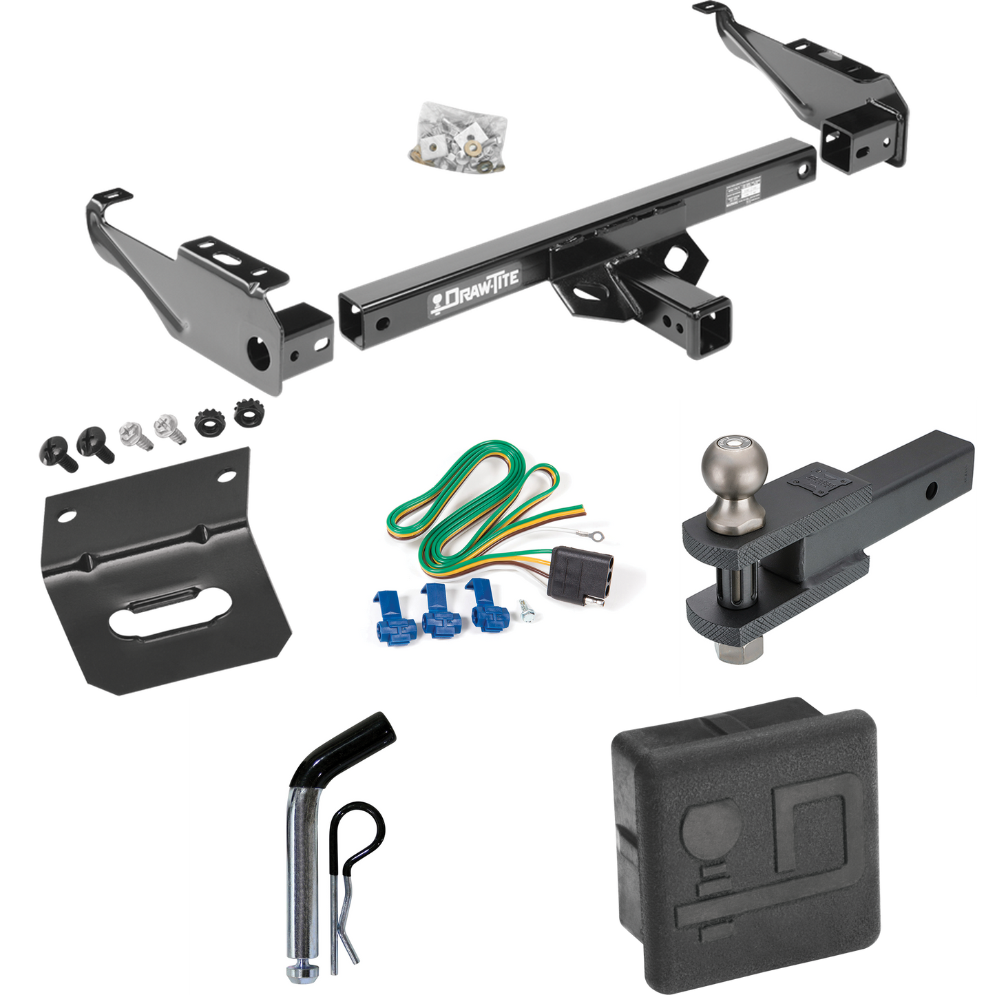 Se adapta al paquete de enganche de remolque GMC C3500 1985-1986 con 4 cables planos + soporte de bola de enganche de horquilla con bola de 2" + pasador/clip + soporte de cableado + cubierta de enganche de Draw-Tite