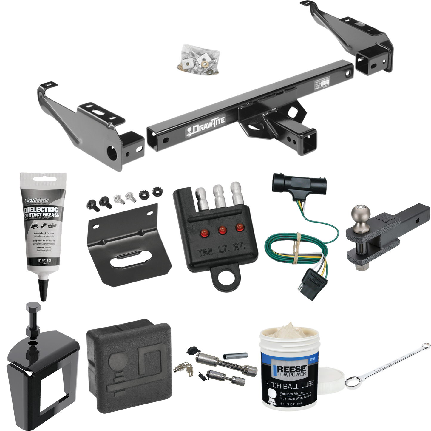 Fits 1975-1978 GMC C15 Trailer Hitch Tow PKG w/ 4-Flat Wiring + Clevis Hitch Ball Mount w/ 2" Ball + Wiring Bracket + Hitch Cover + Dual Hitch & Coupler Locks + Wiring Tester + Ball Lube + Electric Grease + Ball Wrench + Anti Rattle Device By Draw-Ti