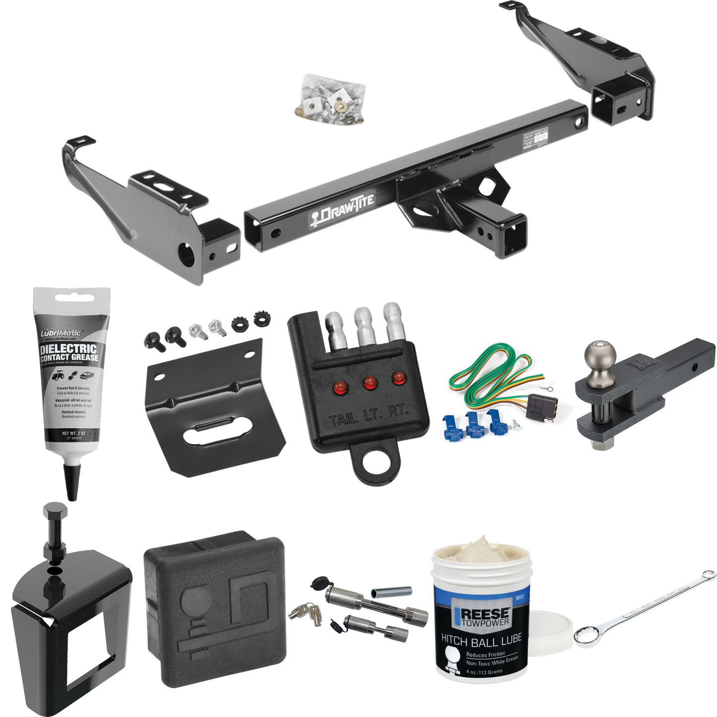 Fits 1985-1986 GMC C1500 Trailer Hitch Tow PKG w/ 4-Flat Wiring + Clevis Hitch Ball Mount w/ 2" Ball + Wiring Bracket + Hitch Cover + Dual Hitch & Coupler Locks + Wiring Tester + Ball Lube + Electric Grease + Ball Wrench + Anti Rattle Device By Draw-