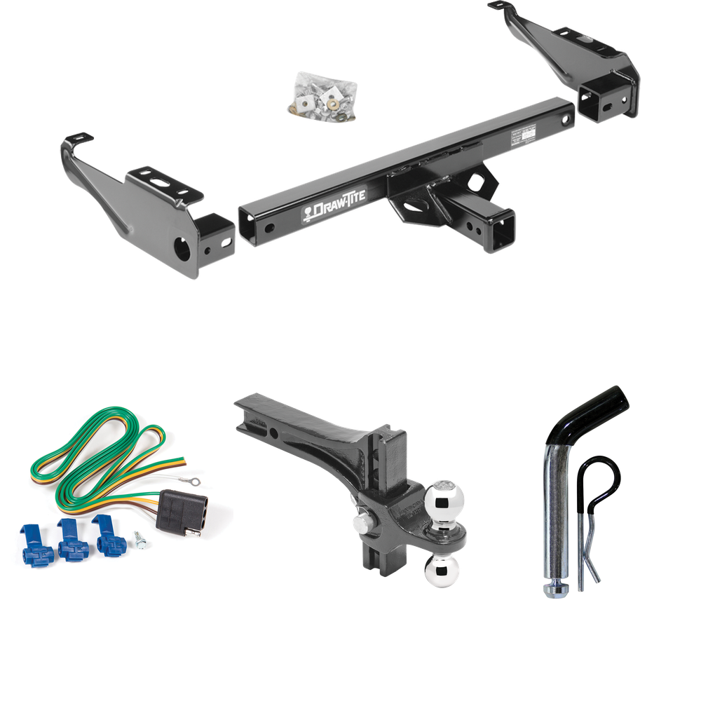 Fits 1999-2000 Ford F-350 Super Duty Trailer Hitch Tow PKG w/ 4-Flat Wiring + Dual Adjustable Drop Rise Ball Ball Mount 2" & 2-5/16" Trailer Balls + Pin/Clip (For Cab & Chassis, w/34" Wide Frames Models) By Draw-Tite