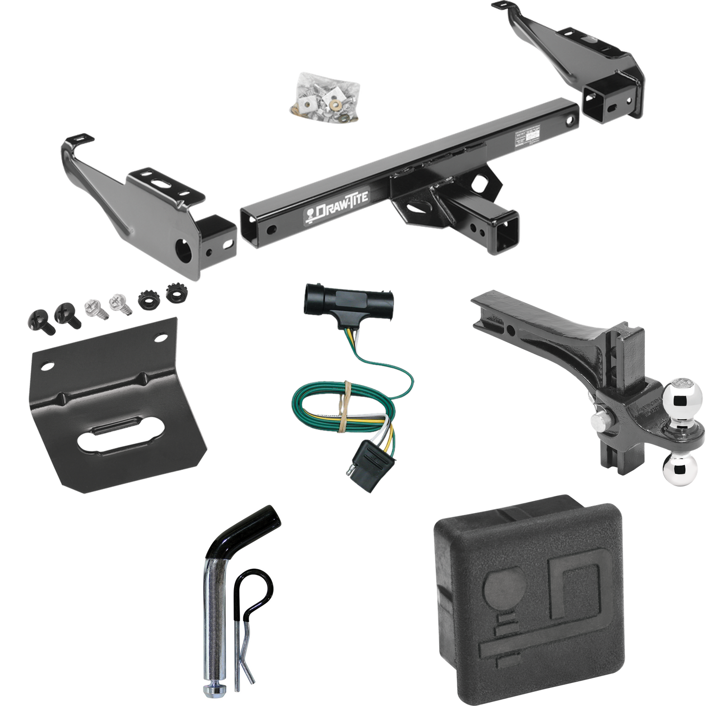 Fits 1979-1984 GMC C3500 Trailer Hitch Tow PKG w/ 4-Flat Wiring + Dual Adjustable Drop Rise Ball Ball Mount 2" & 2-5/16" Trailer Balls + Pin/Clip + Wiring Bracket + Hitch Cover By Draw-Tite